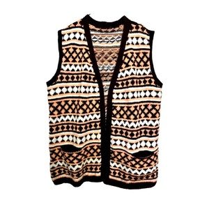 Vintage 80s Oversized Handknit Open Front Cardigan Knit Vest Pink Brown White 2X